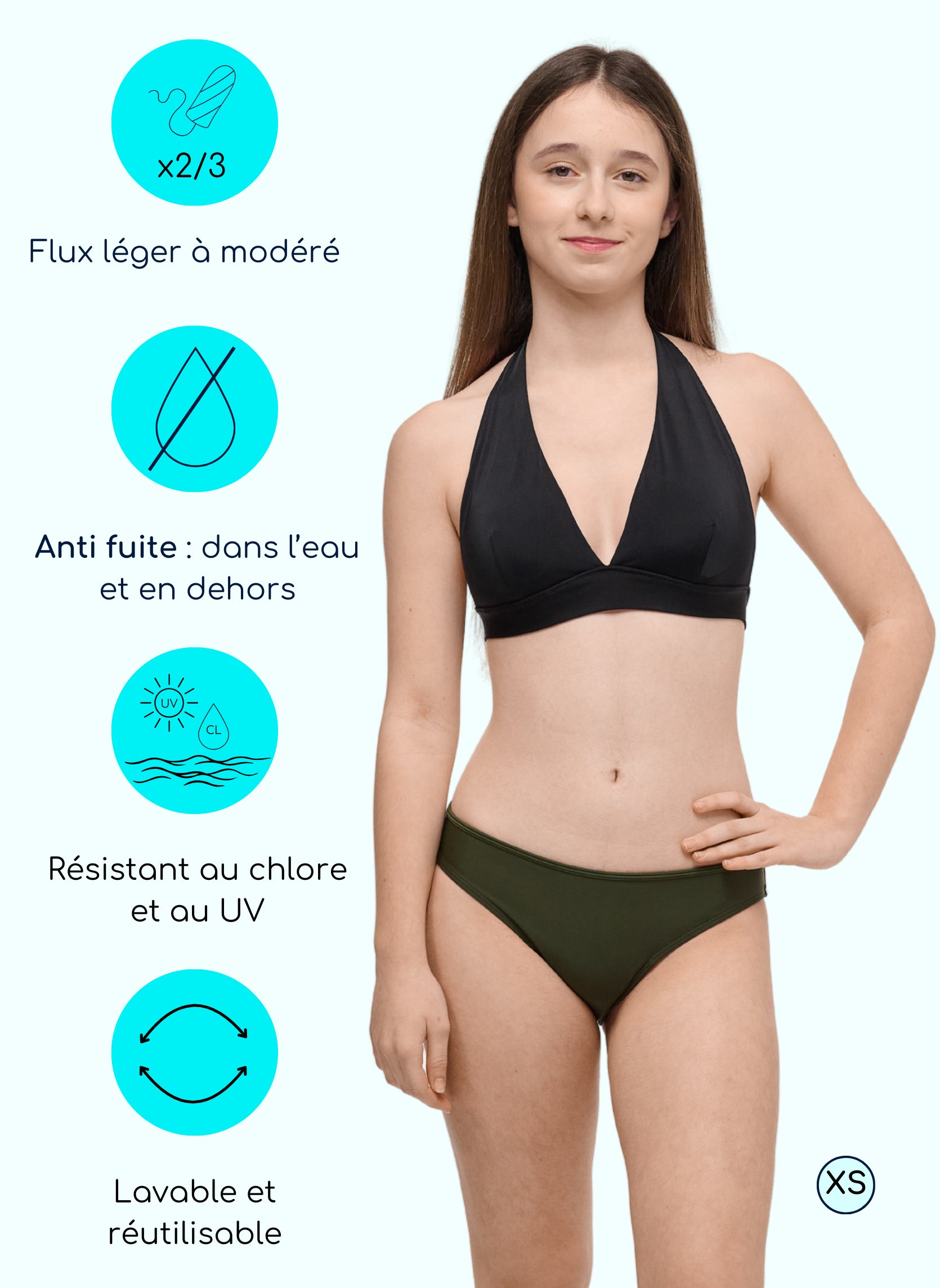 bas de maillot de bain menstruel ado vert kaki absorbant