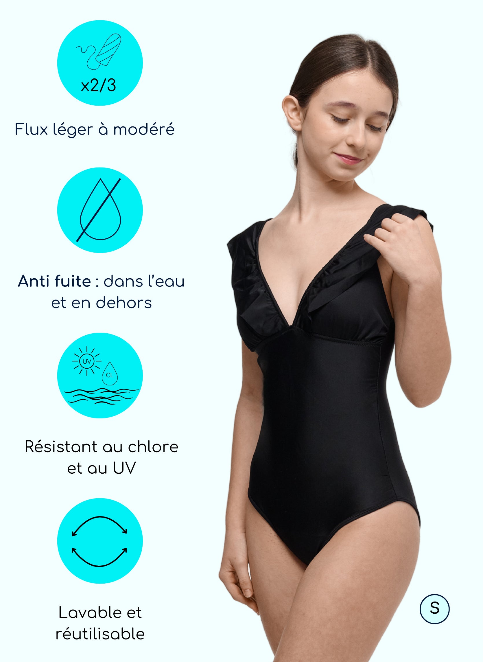 maillot de bain menstruel 1 pièce adolescentes taille xxs