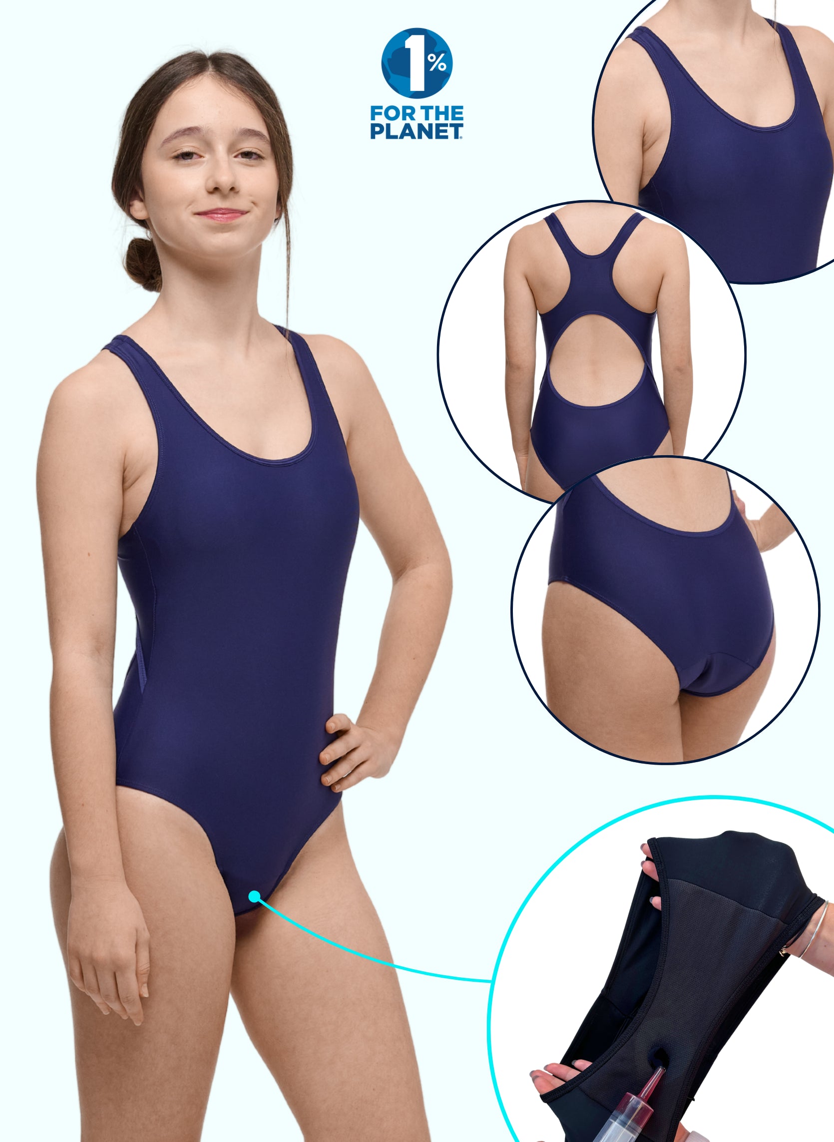 maillot menstruel 1 pièce pour natation bleu ados antifuite