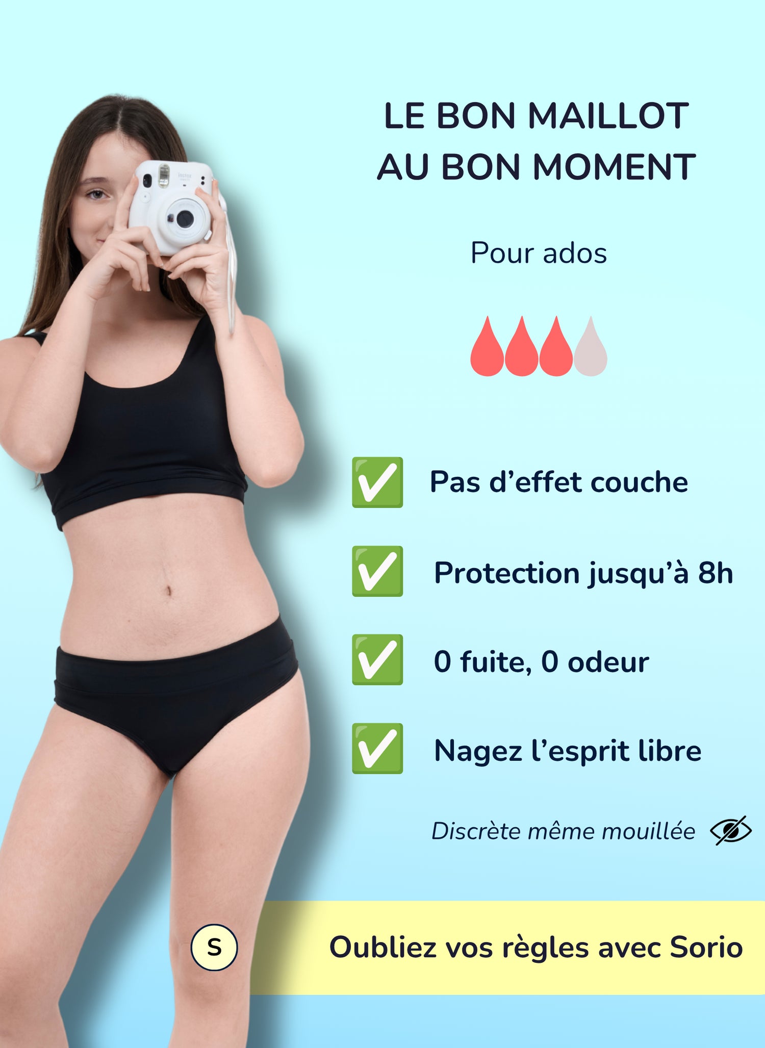 Slip costume da bagno mestruale per adolescenti - Rosa Nero | Sorio®
